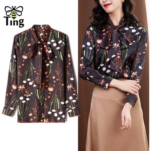 Tingfly Vintage Elegant Bow Collar Floral Print Women Shirts Lady Office Stylish Work Blusas Female Shirts Long Sleeve Moda Tops