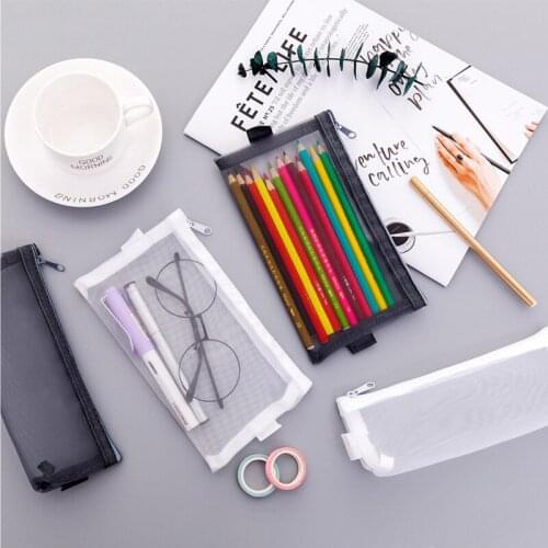 Pencil Bag Transparent Mesh School Pencil Case Large Capacity Nylon Pen Bag Case for Office Supplies Cute Stationery Kids Gift