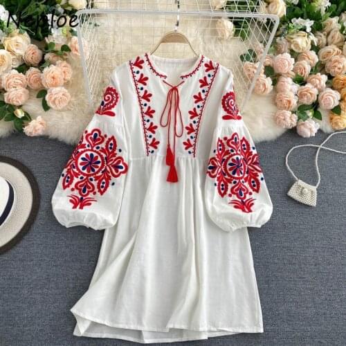 Neploe Bohemian Chic Flower Embroidery Lace Up Dress O-neck Elegant Femme Vestidos 2021 Fashion New Panelled Dresses Women