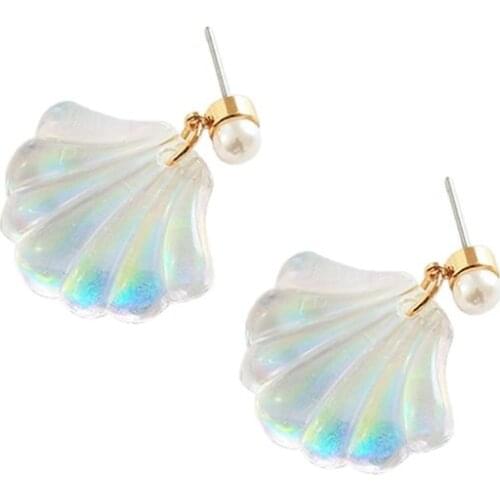 Resin Mermaid Rainbow Pearl Shell Dangle Drop Earrings Women Fashion Jewelry