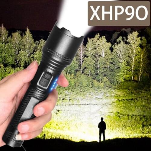 Super Bright LED Flashlight XHP90 USB Rechargeable Mechanical Zoom High Powerful Torch Waterproof 18650 Tactical Flash Light