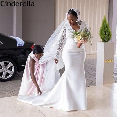 Wedding Dresses Mermaid V-Neck Long Sleeves Satin Water Lace Wedding Dresses With Lace Up Back Bridal Gowns vestido de noiva