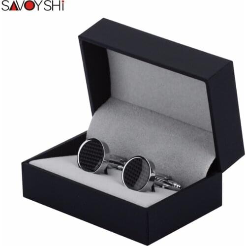 SAVOYSHI Round Black Carbon Fiber Cufflinks for Mens Shirt Cuff buttons High Quality Silver color Cuff link Brand Men Jewelry