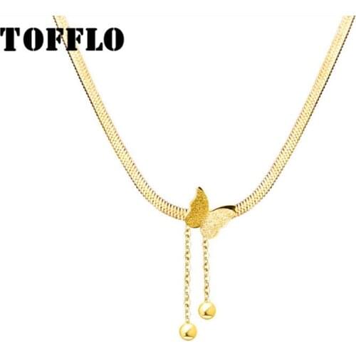 TOFFLO Stainless Steel Blade Chain Frosted Butterfly Steel Ball Tassel Clavicle Chain Feminine Sexy Neckla BSP513