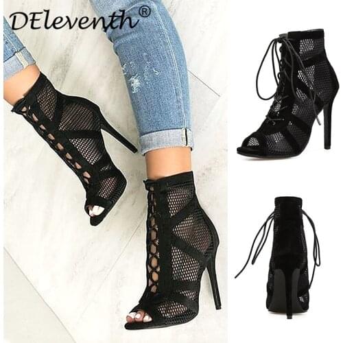 2020 Top seller - Women sandals Peep Toe Mesh 11.5CM Thin Heels High heels Lace Up zapatos de mujer women shoes size 35-42 black
