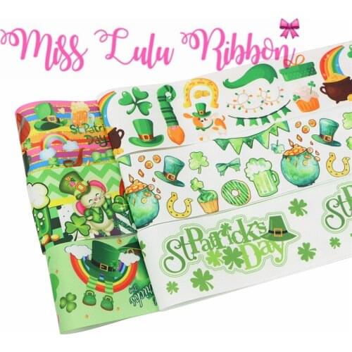 16mm-75mm Happy St.Patricks Day Green Leaf Geometric Wave Printed Grosgrain/Elastic Ribbon DIY Party Gift Decor 50yards/roll