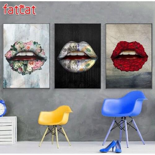 FATCAT DIY Full Diamond Painting Sexy Red Lips Pink Rose and Money 3D Diamond Embroidery Rhinestone Mosaic Decor 3pcs AE997