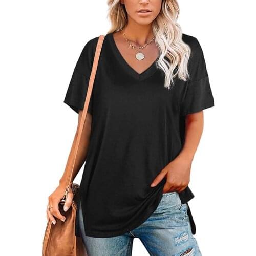 Solid Color V Neck Simplicity Short Sleeve T Shirt Women Casual Loose Split Fork Hem Plus Size Tops Female Streetwear Tees