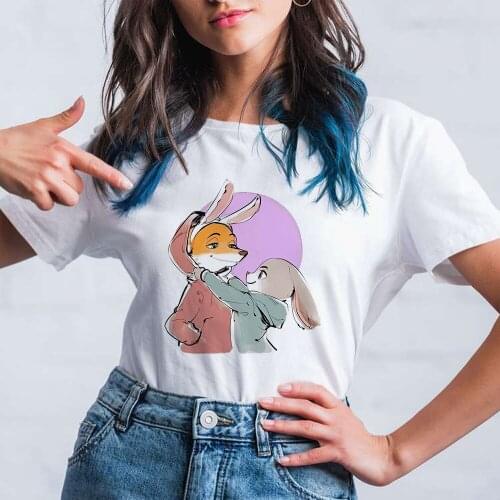 Disney T-Shirt Chic Fashion Zootopia Rabbit Fox Cartoon O-Neck Women T-Shirt Unisex Couples Cotton Tee Short Sleeve Tops