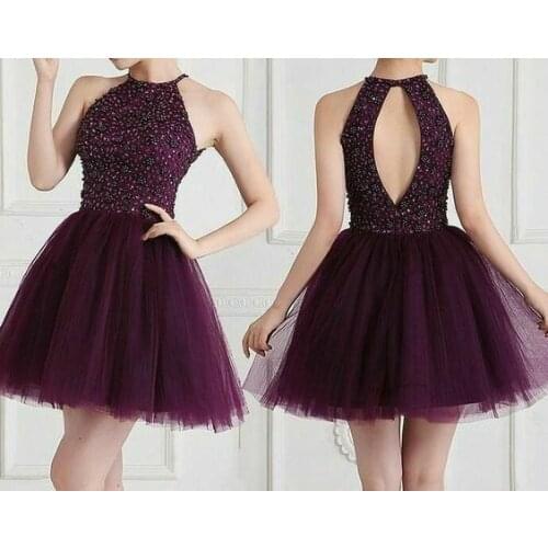 Short Beaded A-Line Homecoming Dresses with Pockets Halter Purple Key Hole Back Knee Length Graduation Dresses for Juniors