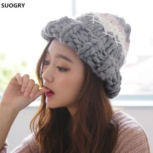 SUOGRY Fashion womens hat winter hats for women Female Winter Hats Hand Coarse Knitted Wool Caps Hat For Women Beanies