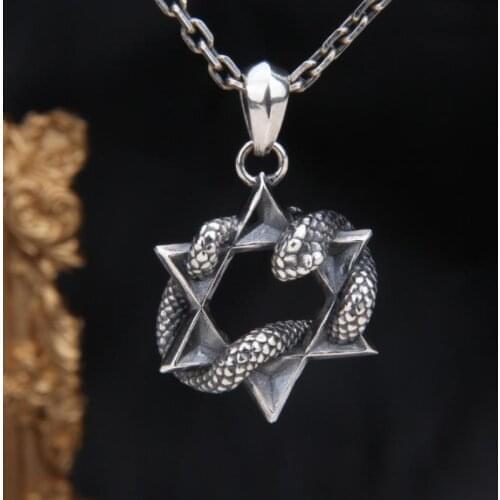 Fashion Retro Viking Snake Winding Hexagonal Star Pendant Necklace Mens Punk Rock Motorcycle Pendant Jewelry