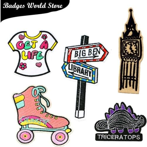 Cartoon Decorative Clock Tower Dinosaur Roller Skates Icon Embroidered Applique Patches For DIY Iron on Badges on the Backpack