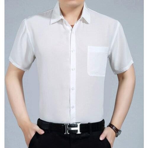 Summer Real Silk Shirt Men Short Sleeve White Shirt 2019 Formal Mens Shirts Casual Slim Fit Camisa Masculina KJ1939