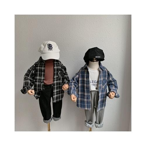 201` Spring New Childrens Woolen Shirt Korean Style Boy Plaid Shirt Jacket Baby Long-sleeved Tee Shirt Toddler Lapel Cardigan