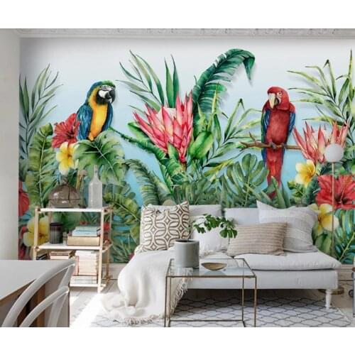 Parrot Flower Tropical Wallpaper Wall Mural Indoor for Living Room Paper Rolls Contact Paper Rolls Rainforest Floral Paper Wall