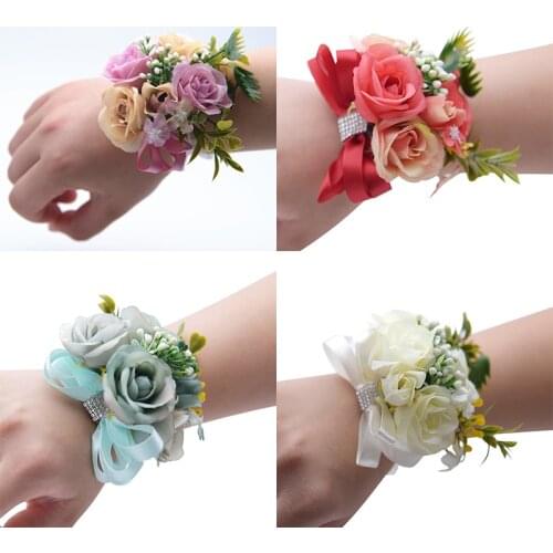 Wedding Bride Wrist Flowers Bridesmaid Bracelet Hand Flowers Wrist Corsage Artificial Rose Fake Crystal Wedding Planner Flower