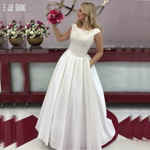 E JUE SHUNG Modern Satin A Line Wedding Dresses Scoop Neck Lace Up Back Cap Sleeves With Pockets Wedding Gowns Bridal Dresses