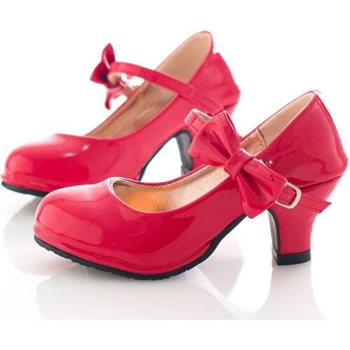 Autumn Hot Kids Shoes For Girls Fashion Princess Leather Dance Party Bow Shoes Shiny Solid Red Color High-Heeled