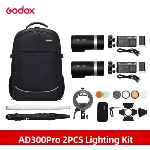 Godox 2pcs AD300Pro AD300 PRO 300W Out Door Flash Flashes with Backpack + Umbrella + S2 Bracket + AK-R1 Flash Kit