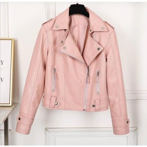 Female 2020 New Design Spring Autumn PU Leather Jacket Faux Soft Leather Coat Slim Black Rivet Zipper Motorcycle Pink Jackets