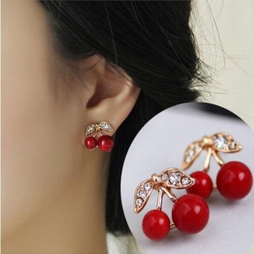 Women Charm Fashion Red Cherry Earrings Cute Beads Rhinestone Leaf Stud Earrings