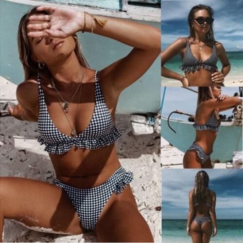 Summer New Plaid Sexy Bikini Set Push Up Ruffles Padded Swimwear Bikini Women Bathing Suit Beachwear Swimming Suit Set