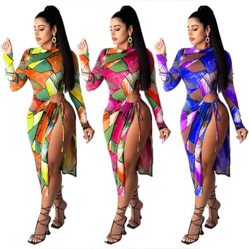 2021 New Autumn Tie Dye Print Long Dress for Women Sexy Long Sleeve Hollow Out Lace Up High Slit Bandage Club wear Party Dresses