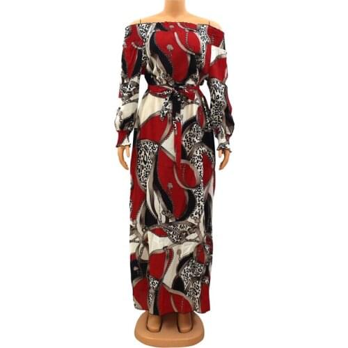 Red Color Printed Off the Shoulder Puff Sleeve Women Dress Leopard Sashes Indie Folk Maxi Dresses for African