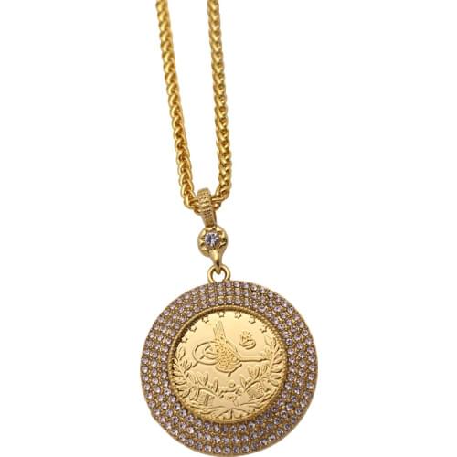 ZKD islam muslim Ottoman Turkish coins jewelry Arab Coin Gold Color Turkey Coins crystal Pendant Necklace