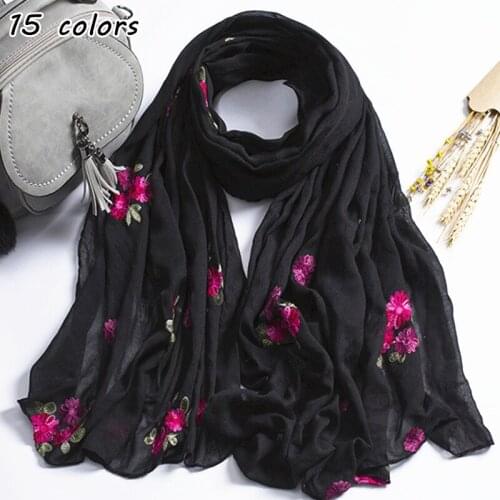 15 colors embroider flowers scarf Muslim hijab scarves sweet floral soft plain maxi shawl soft foulard pretty winter wrap shawls