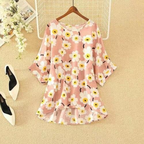 2021 Summer Women Vintage O Neck Short Sleeve Floral Print Blouse Female Casual Loose Cotton Linen Work Shirt Top Blusas Q505