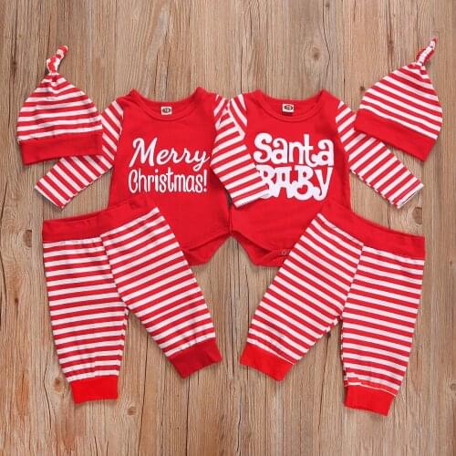 Christmas Infant Baby Girls Boys Suit Letter Print Long Sleeve Top Striped Pants with Cute Cap 3pcs
