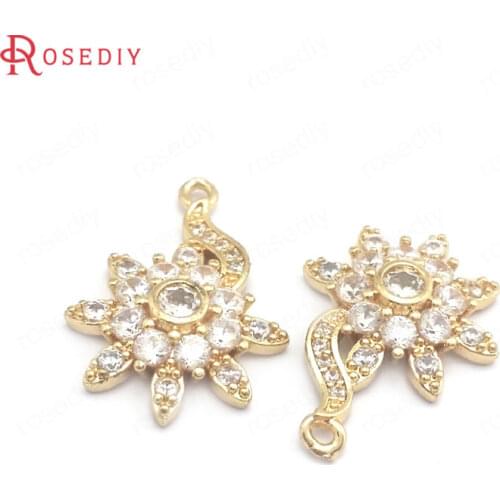 39925)6PCS 15x21MM 24K Champagne Gold Color Brass and Zircon Sun Flower Charms Pendants Jewelry Making Supplies Diy Findings