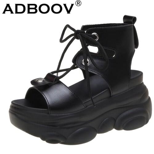 ADBOOV High Top Wedge Sandals Women 8.5 CM Thick Sole Lace Up Sandals Female Bear Sole Platform Shoes Woman