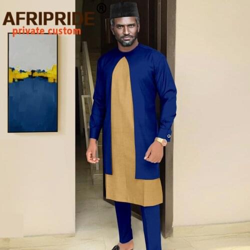 African Clothes for Men Long Coats Ankara Pants and Cashmere Hat 3 Piece Men`s Set Dashiki Suit Tribal Outfits Winter A2116003