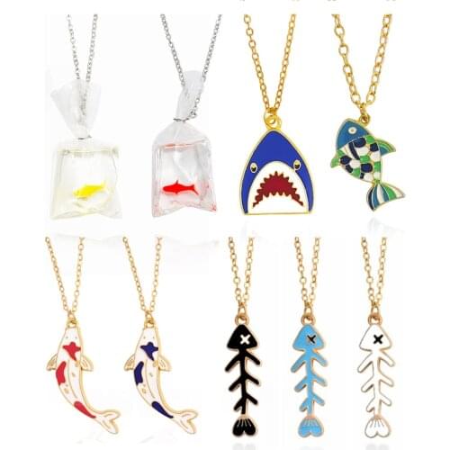 Cartoon Fish Shark Necklace Shark Gold fish Goldfish Carp Fishbone Enamel Pendant Necklace For Women Girls Kids Jewelry Gifts