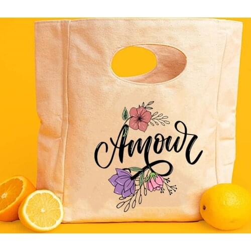 French Love Print Functional Cooler Lunch Box Bag Portable Insulated Bento Tote Thermal Food Picnic Storage Pouch for Women Kids