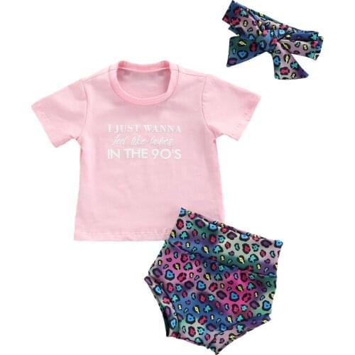 Infant Baby Girl Summer Clothes Set Letter Printed Top Leopard Shorts Headband 3pcs Baby Clothes Toddler Girl Outfits Set