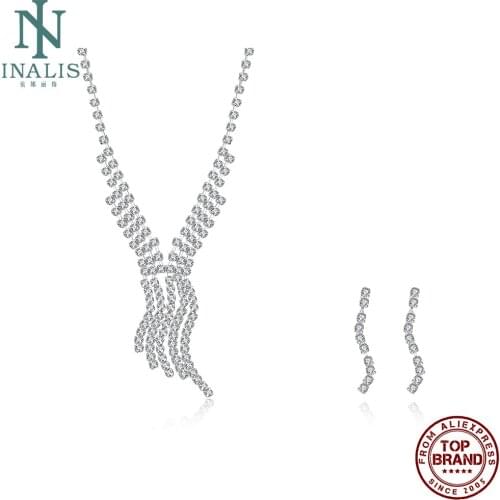 INALIS Wedding Series Necklace Stud Earrings Jewelry Sets Two Curve Inlay Crystal Silver Plated Copper Jewelry Sets Wholesale