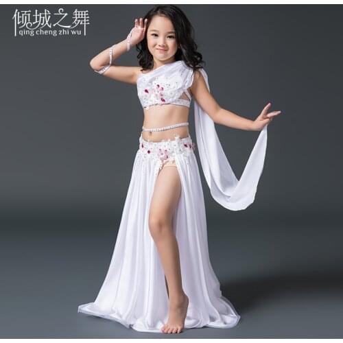 RT014 Belly Dancing Kid Spandex and Silk Satin Material Belly Dance Dress Costume Set Belly Dance White Orange Red Light Purple