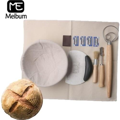 Meibum Bread Fermentation Rattan Basket Round Brotform Banneton Dough Proofing Baskets Linen Liner Scraper Knife Baking Tools