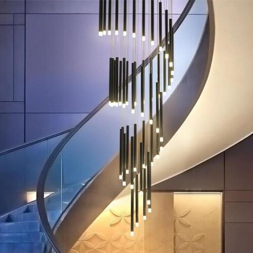 New LED Chandelier Lighting Modern for Staircase Living Room Dining Industrial Pendant Lamp Loft Villa Black Long Downlight