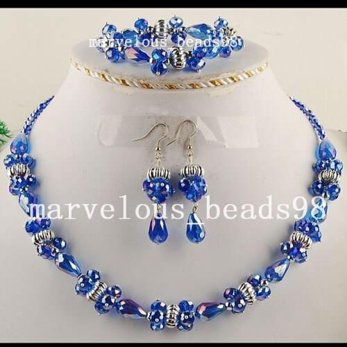 Wholesale 6 sets Blue Faceted Crystal Water Drop Art Beads Necklace Bracelet Earrings FG3902