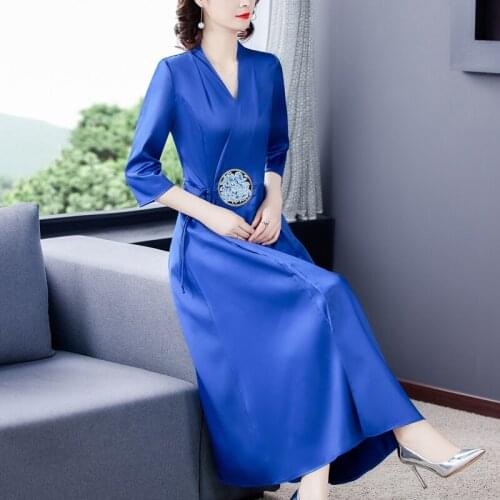 Autumn Vintage Mulberry Silk Satin Maxi Dress 2021 Spring Casual Embroidery 5XL Midi Dress Women Elegant Bodycon Party Vestidos