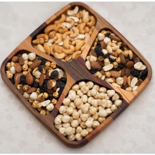 Square Shaped Four Septate Nut Tray Wooden Bamboo Tray Snack Tray