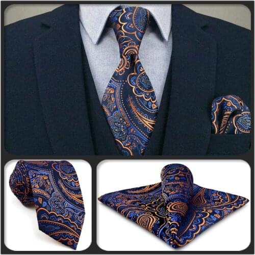 Q8 Extra Long Blue Paisley Mens Tie Set Pocket Square Wedding Silk Fashion 63" 160cm Slim Fashion
