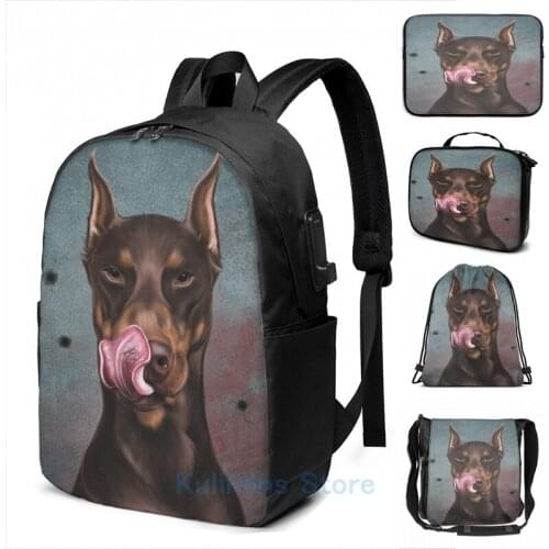 Funny Graphic print Doberman USB Charge Backpack men School bags Women bag Travel laptop bag