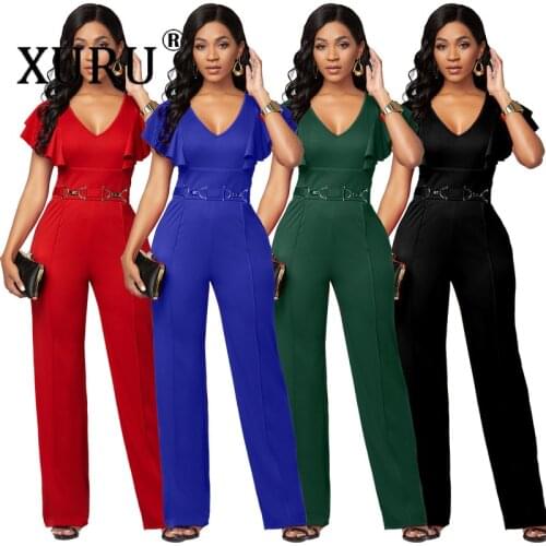 XURU European and American Sexy Womens Jumpsuit Casual Womens Long-sleeved V-neck Jumpsuit Red Green Black Blue Jumpsuit