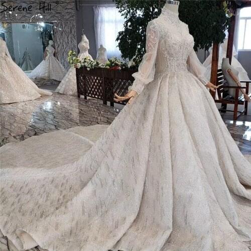 Serene Hill High-end Handmade Lantern Sleeves Wedding Dress 2019 Luxury High Neck Elegant Bride Gown Real Photo Custom Made